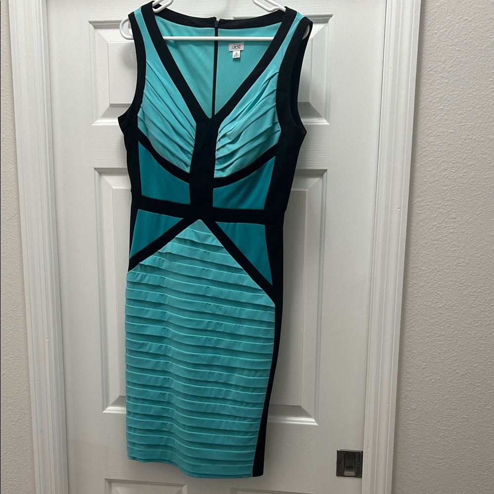 Cache Teal and Black Geometric Midi Dress